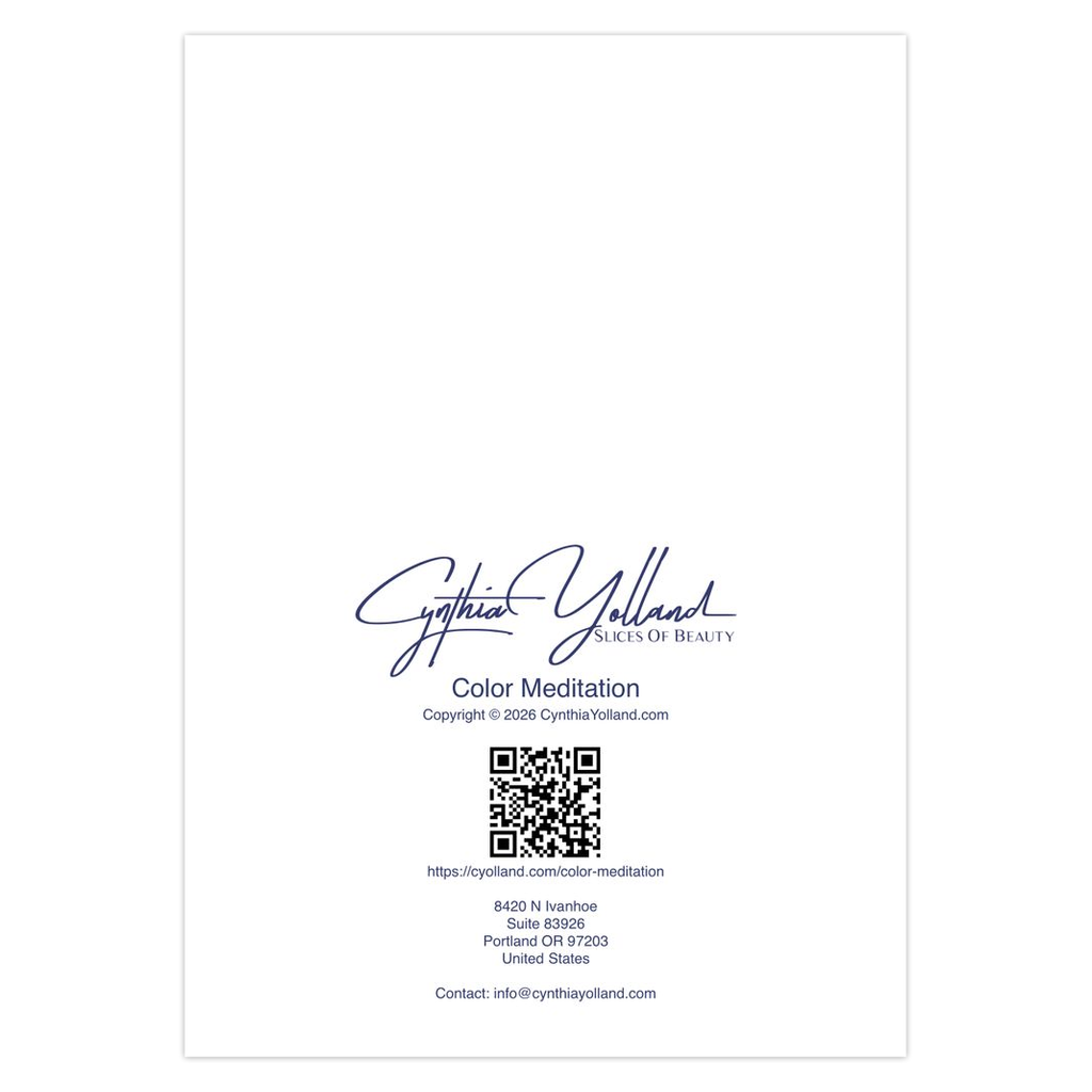 Color Meditation note card back. Product label with Cynthia Yolland logo and contact information on a white background