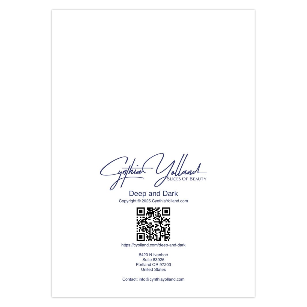 Deep and Dark Note card Product label with Cynthia Yolland logo and contact information on a white backgroundl