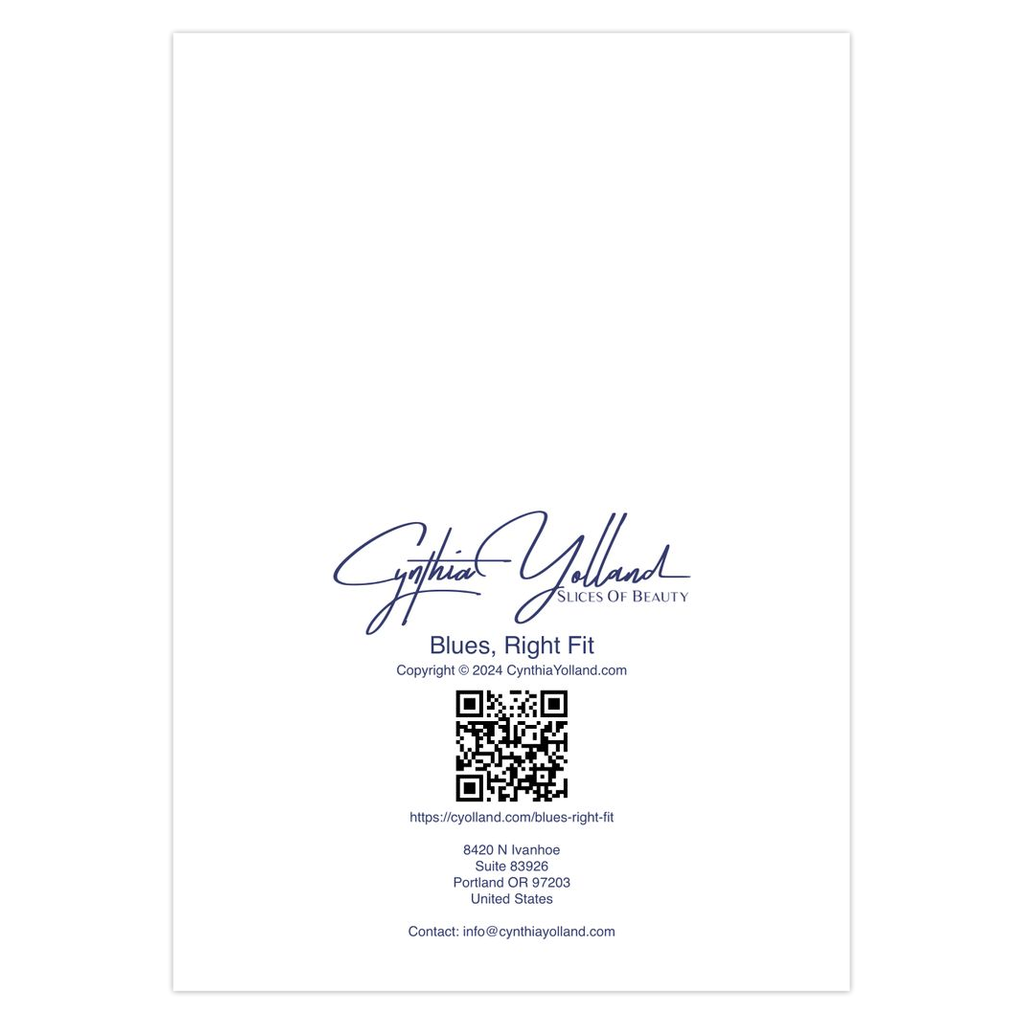 Blues, Right Fit card back. Product label with Cynthia Yolland logo and contact information on a white background