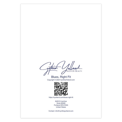 Blues, Right Fit card back. Product label with Cynthia Yolland logo and contact information on a white background