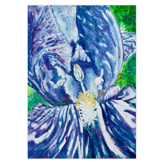 Blues, Right Fit note card. Macro impressionist image of a blue and white iris. Original fine art by Cynthia Yolland.