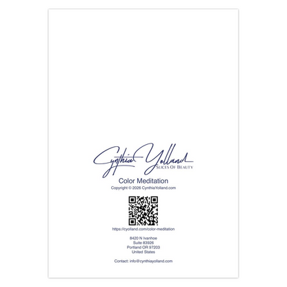 Color Meditation note card back. Product label with Cynthia Yolland logo and contact information on a white background