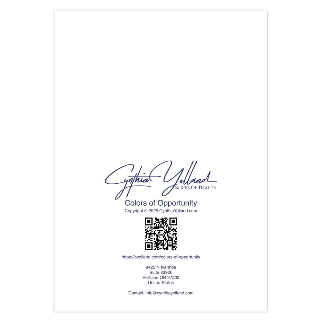 Colors of Opportunity note card label with Cynthia Yolland — Slices of Beauty  logo and contact information.