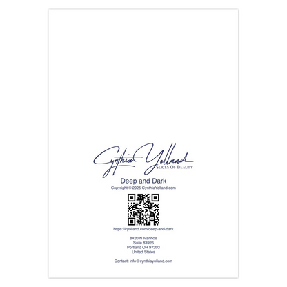 Deep and Dark Note card Product label with Cynthia Yolland logo and contact information on a white backgroundl