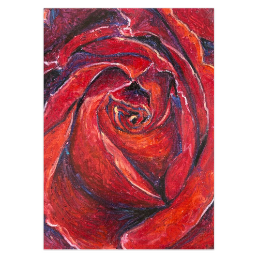 Deep and Dark Note Card. Abstract painting of a red rose. Original fine art by Cynthia Yolland.