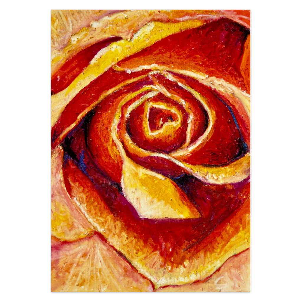 Macro impressionist image of a vibrant orange and gold rose. Original fine art by Cynthia Yolland.