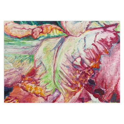 Fairy Wings Note Card. Colorful abstract painting of parrot tulip with vibrant pink, green, and orange hues. Original fine art by Cynthia Yolland.
