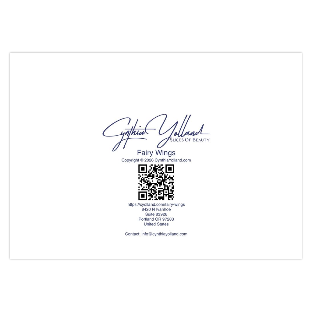 Fairy Wings note card label with Cynthia Yolland — Slices of Beauty  logo and contact information.