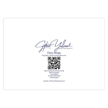 Fairy Wings note card label with Cynthia Yolland — Slices of Beauty  logo and contact information.