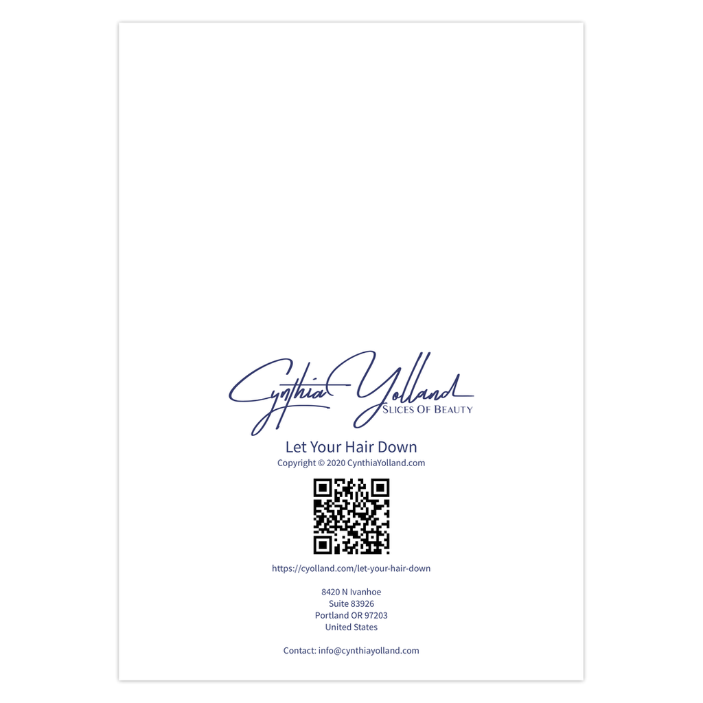 Let Your Hair Down note card label with Cynthia Yolland — Slices of Beauty  logo and contact information.