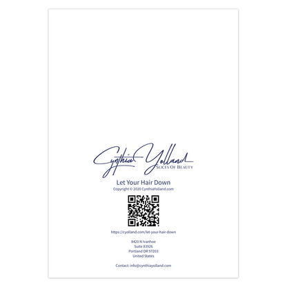 Let Your Hair Down note card label with Cynthia Yolland — Slices of Beauty  logo and contact information.