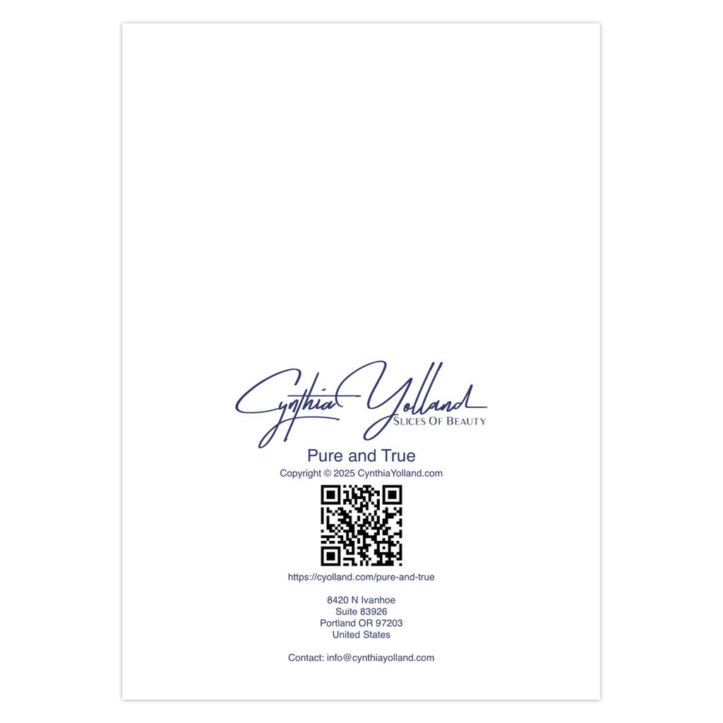Pure and True Note Card back. Product label with Cynthia Yolland logo and contact information on a white background