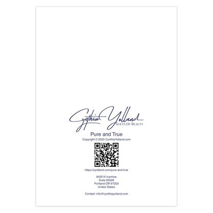 Pure and True Note Card back. Product label with Cynthia Yolland logo and contact information on a white background